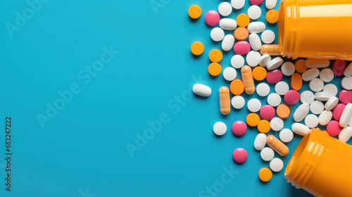 Bottle and scattered pills on a blue background, space for text photo