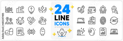 Icons set of Qr code, Swipe up and Online statistics line icons pack for app with Covid test, Thiamine vitamin, Water drop thin outline icon. Checked calculation, Charging station. Vector