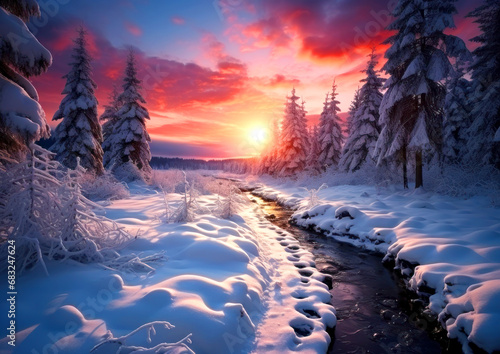 Fantastic beautiful winter landscape  winter forest in snow  impressive sunset