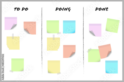 Scrum board with colorful sticky notes to be used by agile software development teams for planning. Categories To do, Doing and Done.