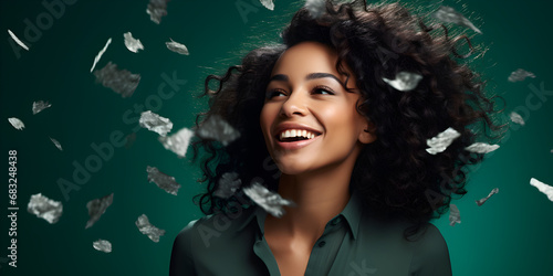 Beautiful happy Afroamerican woman on dark green background with confetti in the air