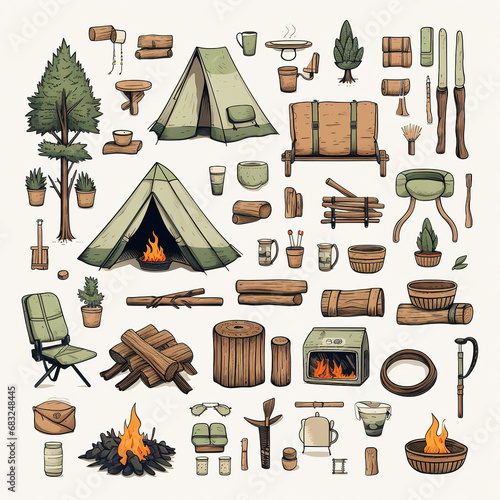 Large set of Camping equipment. Items for summer camping, trekking. Travel supplies icons for outdoor base camp. Backpack, campfire, tent, pointers, bowler hat. Isolated flat