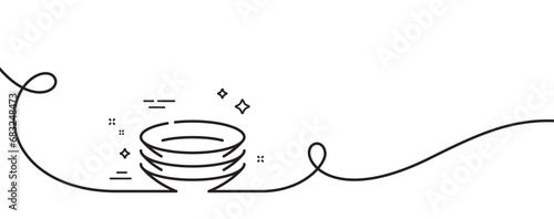 Dishes line icon. Continuous one line with curl. Tableware plates sign. Food kitchenware symbol. Dishes single outline ribbon. Loop curve pattern. Vector