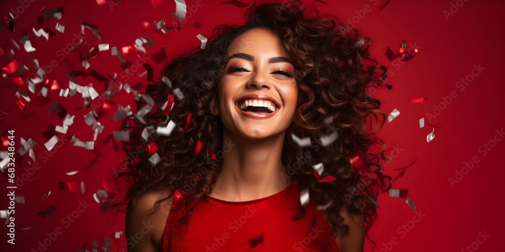 Beautiful happy Afroamerican woman on red background with confetti in the air Beautiful happy Afroamerican woman on red background with confetti in the air
