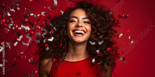 Beautiful happy Afroamerican woman on red background with confetti in the air