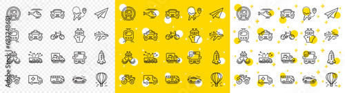 Taxi, Helicopter and subway train icons. Transport line icons. Truck car, Tram and Air balloon transport. Bike, Airport airplane and Ship, subway. Travel bus, ambulance car, paper airplane. Vector