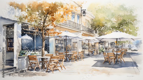 light watercolor, outside of a coffeeshop, bright, white background, few details and dreamy photo