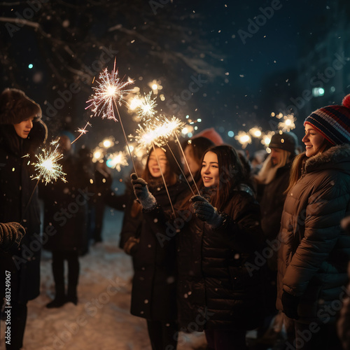 many people holding sparklers in winter park, christmas and new year theme celebrating