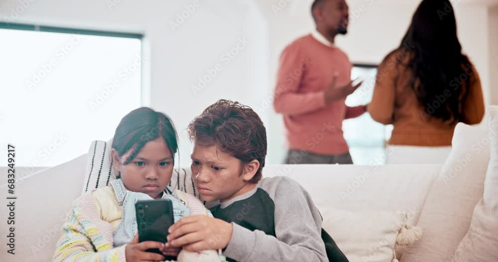 Children, phone and parents fight for divorce or conflict in the home with stress and problem. Brother, sister and kids with social media browsing for angry, upset and mother and father breakup Children, phone and parents fight for divorce or conflict in the home with stress and problem. Brother, sister and kids with social media browsing for angry, upset and mother and father breakup