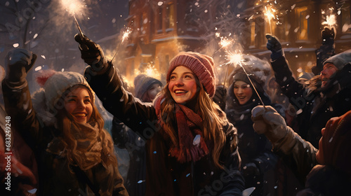 many people holding sparklers in winter park  christmas and new year theme celebrating