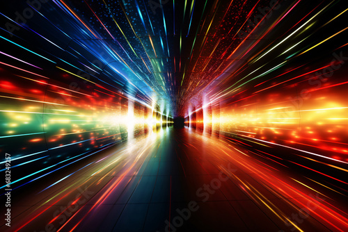 Time and space tunnel blur motion, color tunnel passage space illustration constructed with glowing neon light lines