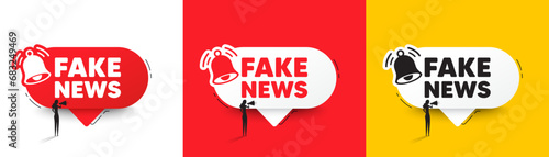 Fake news tag. Speech bubbles with bell and woman silhouette. Media newspaper sign. Daily information symbol. Fake news chat speech message. Woman with megaphone. Vector