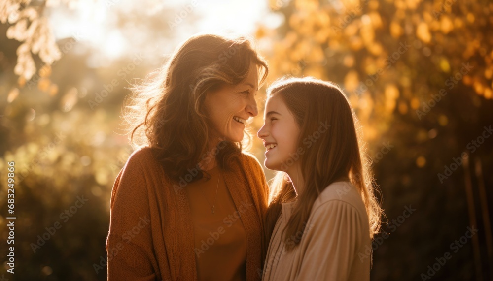 Fototapeta premium Two women enjoying the sunny outdoors with joyful smiles. Generative AI.