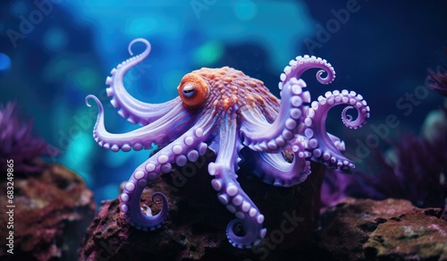 An elegant octopus rests on a rocky perch in a captivating aquarium. Generative AI.