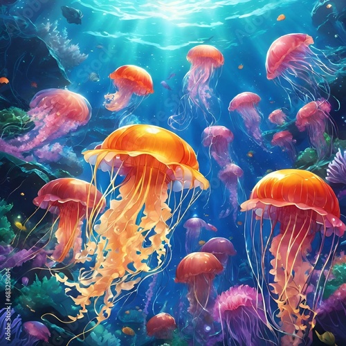 AI generated illustration of A vibrant underwater scene featuring a variety of colorful jellyfish