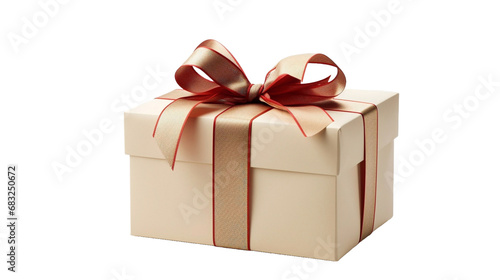 Beige gift box with red ribbon isolated in transparent background.