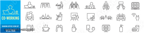 Co-working space line icon set. Included icons as coworkers, coworking, sharing office, business, company, work and more.