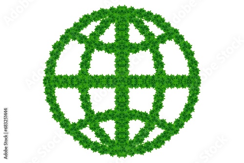 Illustration, globe and green leaves and white background