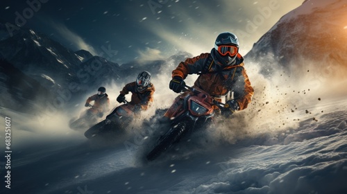 extreme sports enthusiasts on motorcycles ride along a snow-covered mountain road in a snowstorm, banner, photo