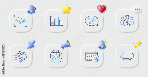 Diagram graph, Messenger and Sleep line icons. Buttons with 3d bell, chat speech, cursor. Pack of Spanner, Global engineering, Check investment icon. Inventory cart, Voice wave pictogram. Vector