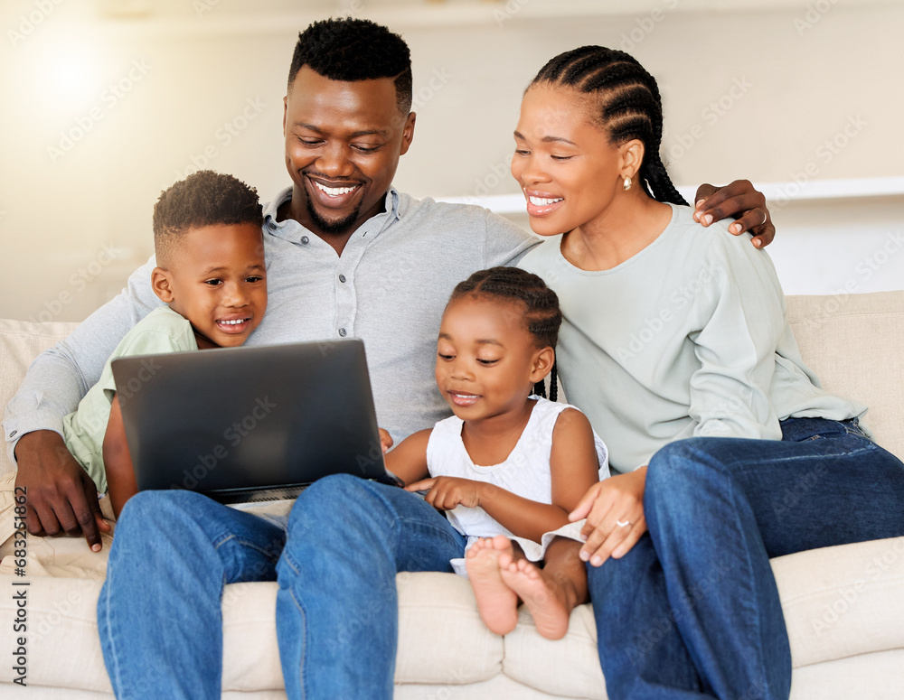 Sofa, black family and happy with laptop for movie streaming at home to relax and bond. Smile, couch and mother, father and children browsing on a computer for a film subscription on the internet Sofa, black family and happy with laptop for movie streaming at home to relax and bond. Smile, couch and mother, father and children browsing on a computer for a film subscription on the internet