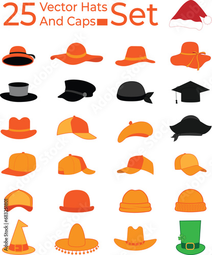 set of 25 hats and caps, Explore a diverse collection of 25 stylish hats and caps in this vector set. Enhance your design projects effortlessly with a variety of trendy headwear options. photo