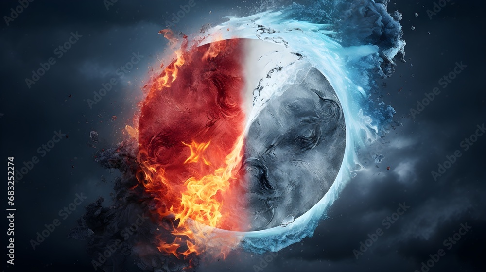 Create a symbolic illustration representing the harmony and balance between fire and ice, using the Yin-Yang concept, AI generated, background image