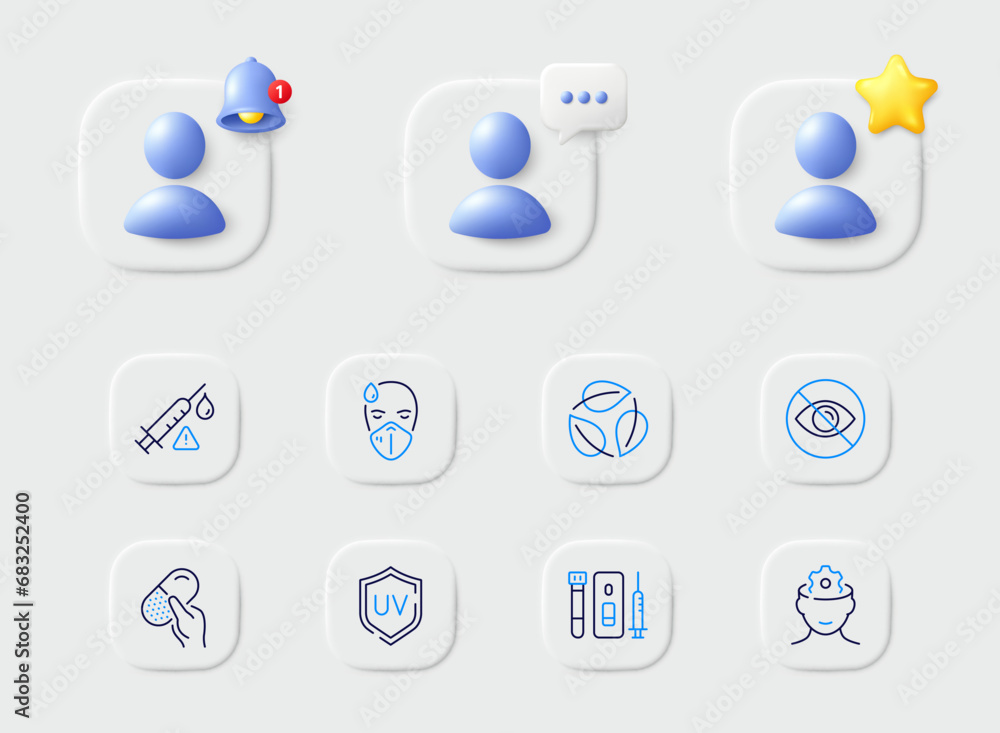 Capsule pill, Sick man and Brain working line icons. Placeholder with 3d star, reminder bell, chat. Pack of Leaves, Uv protection, Vaccine attention icon. Vector Capsule pill, Sick man and Brain working line icons. Placeholder with 3d star, reminder bell, chat. Pack of Leaves, Uv protection, Vaccine attention icon. Vector