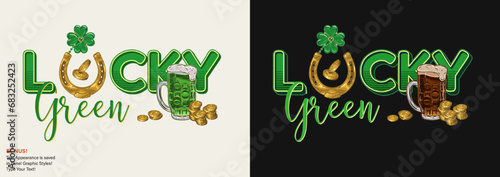 Horizontal St Patricks Day text label with golden coins, horseshoe, glass of beer, text Lucky Green. For prints, clothing, t shirt design Text editable graphic style included