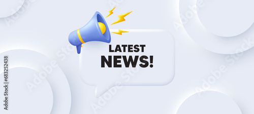 Latest news tag. Neumorphic 3d background with speech bubble. Media newspaper sign. Daily information symbol. Latest news speech message. Banner with megaphone. Vector
