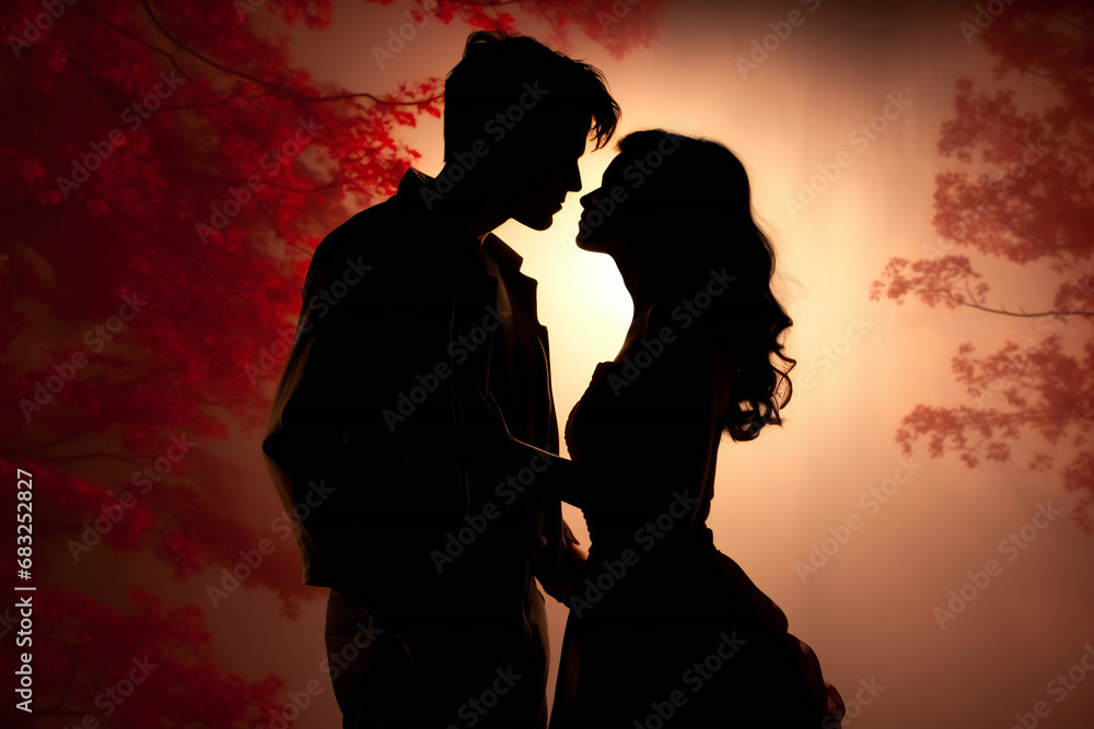 Silhouettes of a man and a woman kissing. Valentines couple background with trees on sunset.