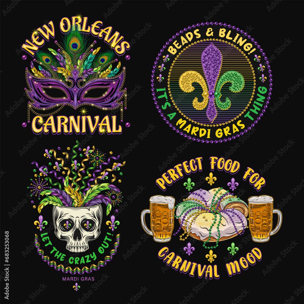 Carnival Mardi Gras labels with luxury mask, skull, holiday food, Fleur de Lis sign, text Vintage illustrations on black background. For prints, clothing, t shirt, holiday goods, stuff, surface design