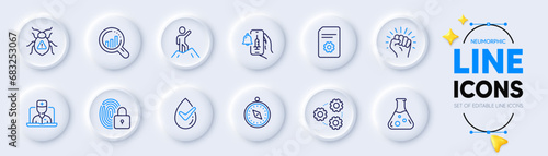 Vaccine announcement, File settings and Empower line icons for web app. Pack of Lock, Travel compass, Dermatologically tested pictogram icons. Chemistry lab, Seo analysis, Gears signs. Vector