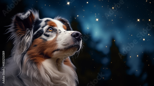 Portrait of an australian shepherd dog on an illustrative night forest background © Flowal93