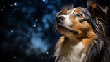 Portrait of n australian shepherd dog, illustrative blue night sky background