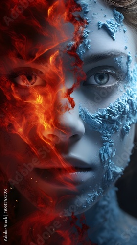 Create dual portraits representing fire and ice as distinct characters, each with its own personality and visual attributes, AI generated, background image