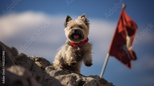 A cairn terrier conquering a mountain with a red flag photo