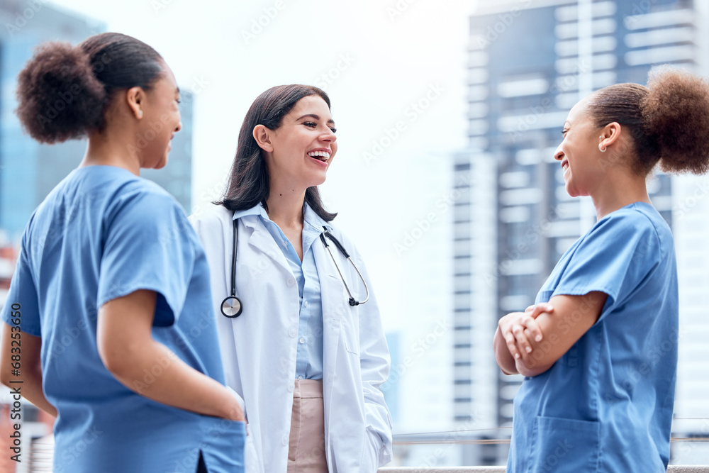 Medical, doctor and nurse outdoor with laughing for support, trust and collaboration at hospital. Healthcare, professional and women with teamwork, happy and confident for surgery or internship work Medical, doctor and nurse outdoor with laughing for support, trust and collaboration at hospital. Healthcare, professional and women with teamwork, happy and confident for surgery or internship work