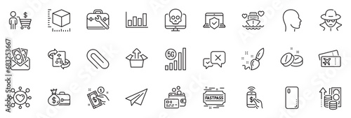 Icons pack as Boarding pass, Fastpass and Bribe line icons for app include Send box, Paper plane, Honeymoon cruise outline thin icon web set. Paint brush, Buyer, Laptop insurance pictogram. Vector