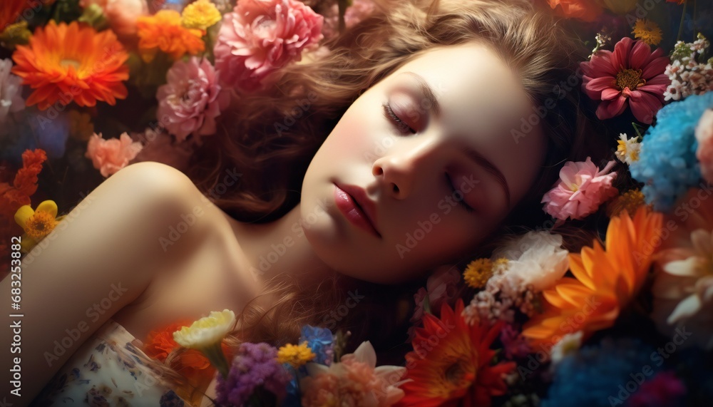 Closeup portrait of a beautiful young woman with closed eyes and flowers in her hair