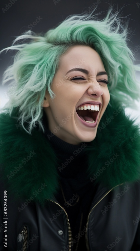 Portrait of a green hair white female laughing loudly against winter atmosphere background with space for text, AI generated, background image