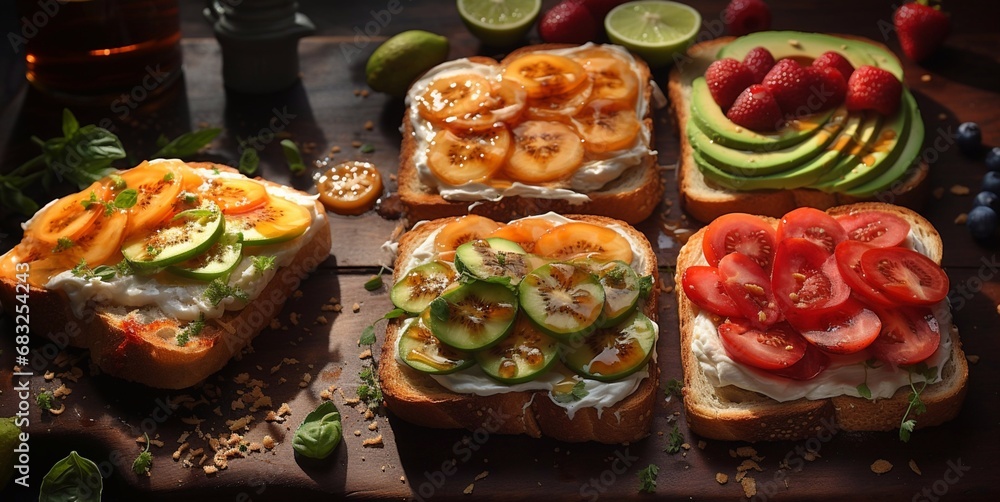 Healthy toast with cream and avocado and tomato berries and vegetables on table.Macro.AI Generative. Healthy toast with cream and avocado and tomato berries and vegetables on table.Macro.AI Generative.