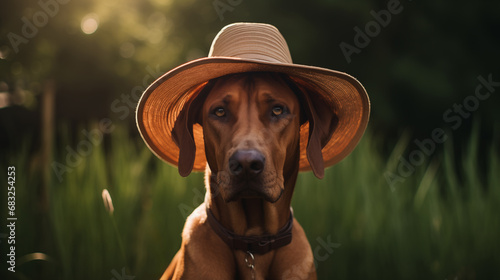A rhodesian ridgeback dog sitting in a garden and wearing a brown hat photo