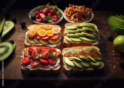 Healthy sandwiches with organic avocado and strawberry with cream and tomato on table.Macro.AI Generative.