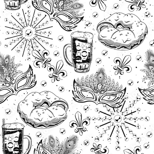 Seamless Mardi Gras pattern with king cake, full glass of beer, beads, masks, trinket, Fleur de Lis sign. Festive holiday design. Vintage illustration for prints, clothing, surface design. Not AI