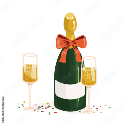 Champagne bottle and glasses. Vector illustration