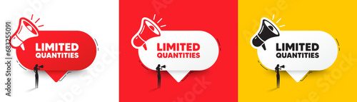 Limited quantities tag. Speech bubble with megaphone and woman silhouette. Special offer sign. Sale promotion symbol. Limited quantities chat speech message. Woman with megaphone. Vector
