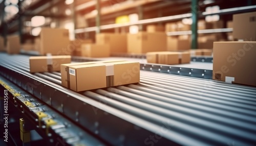 Efficient Warehousing Closeup of Multiple Cardboard Box Packages on Conveyor Belt in E-commerce