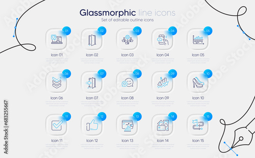 Set of Dating, Checkbox and Rise price line icons for web app. Wallet, Like, Call center icons. Travel path, Friends chat, Teamwork signs. Shoulder strap, Open door, Shoes. Money. Vector
