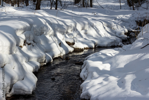 Stream flowing through heavily snowy areas in winter